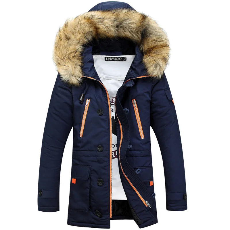 Herren Winterparka mit Kapuze und Kunstfellbesatz, Reißverschluss & Knöpfen, Langarm Jacke
