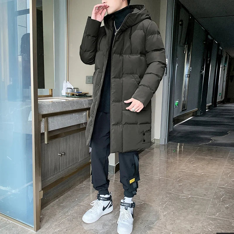 Herren Langer Steppmantel mit Kapuze Winterjacke