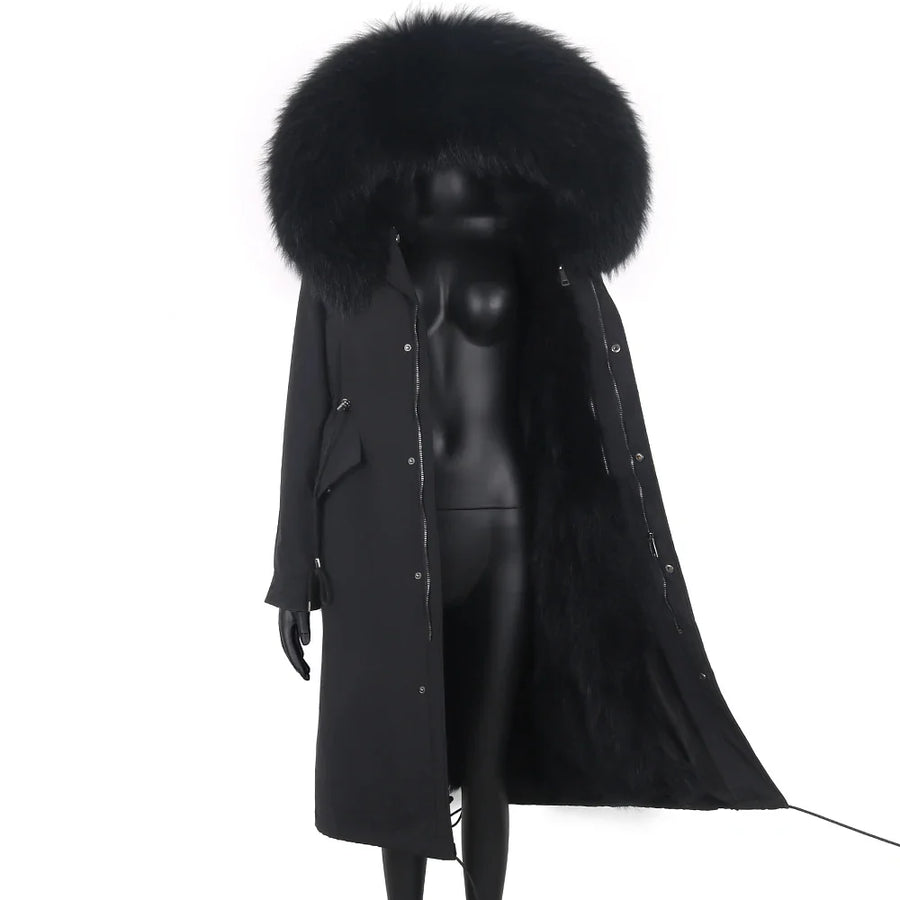 Parka mit Fellkapuze & Fellfutter langer Wintermantel Damen