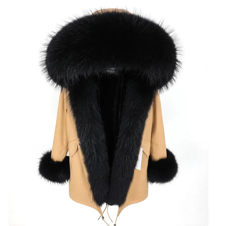 Damen Parka Jacke mit Kapuze und Fellimitatbesatz olivgrün