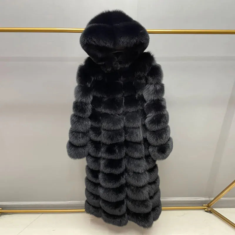 Damen Langer Mantel mit Kapuze aus weichem Material Schwarz