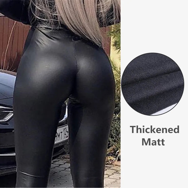 Damen Glänzende Leggings Hoher Bund Schwarz
