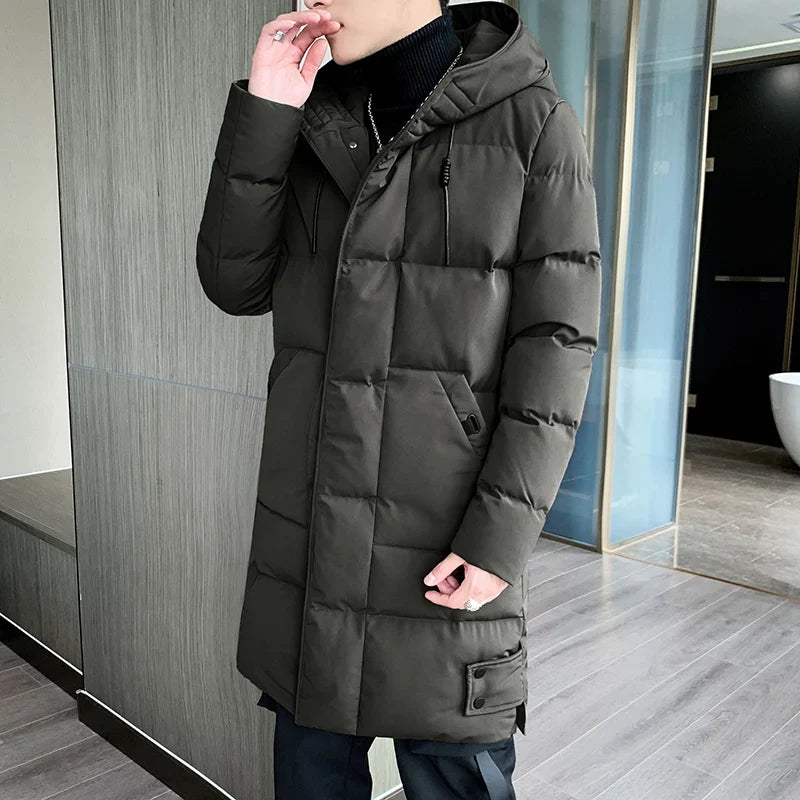 Herren Langer Steppmantel mit Kapuze Winterjacke