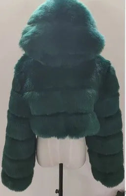 Kurze Damen Kunstfelljacke mit Kapuze, gestreiftes Design