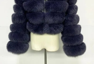 Kurze Damen Kunstfelljacke mit Kapuze, gestreiftes Design