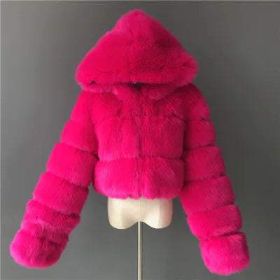 Kurze Damen Kunstfelljacke mit Kapuze, gestreiftes Design