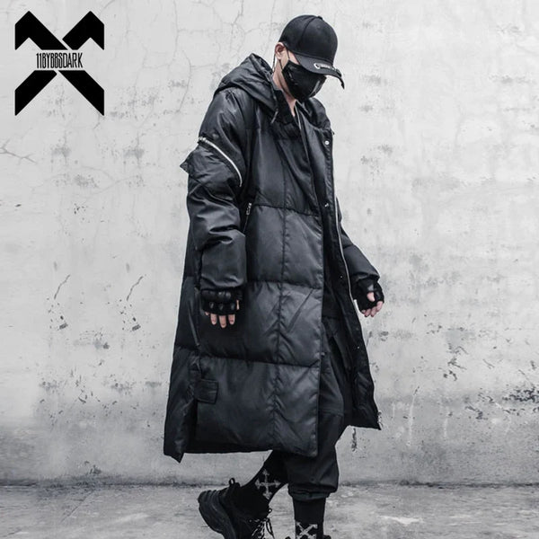 Langer Schwarzer Daunenparka mit Kapuze und Reißverschlussdetails