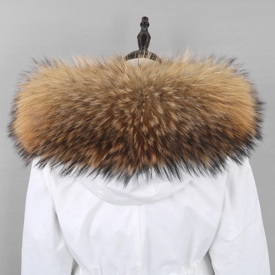 Damen Winterparka lang mit Kapuze und Fellimitat-Futter Weiß