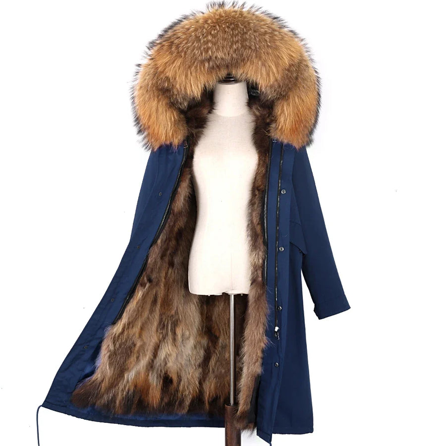 Damen Winterparka lang mit Kapuze und Fellimitat-Futter Weiß