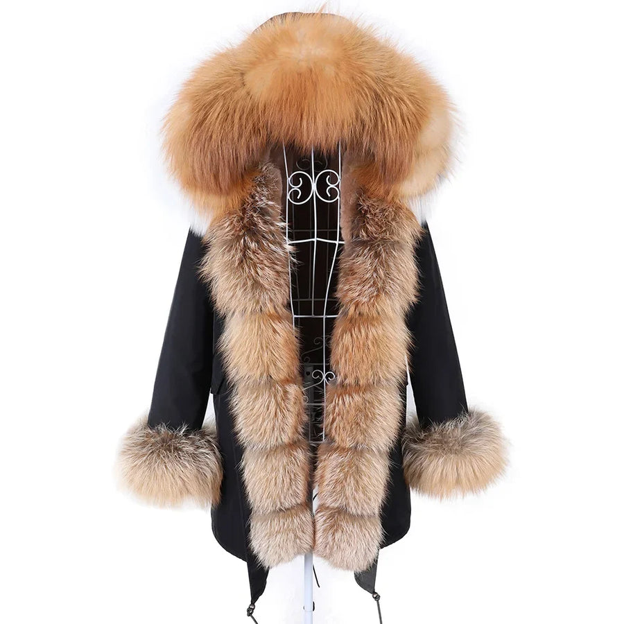 Damen Parka Jacke mit Kapuze und Fellimitatbesatz olivgrün