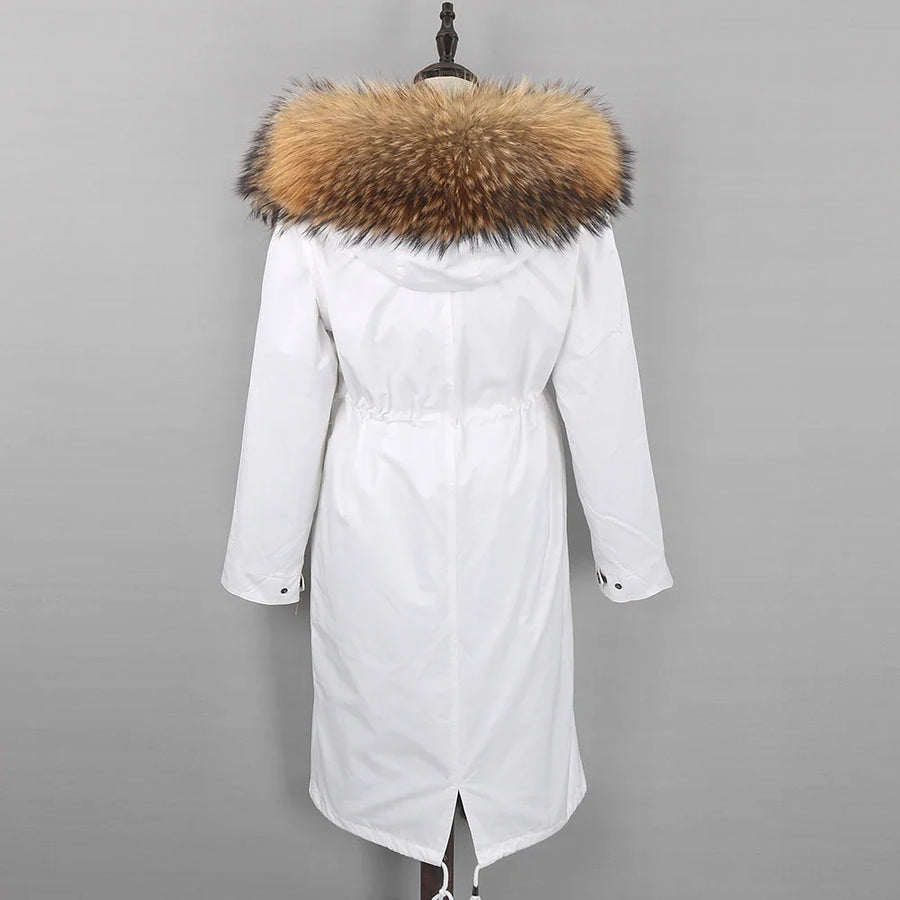 Damen Winterparka lang mit Kapuze und Fellimitat-Futter Weiß