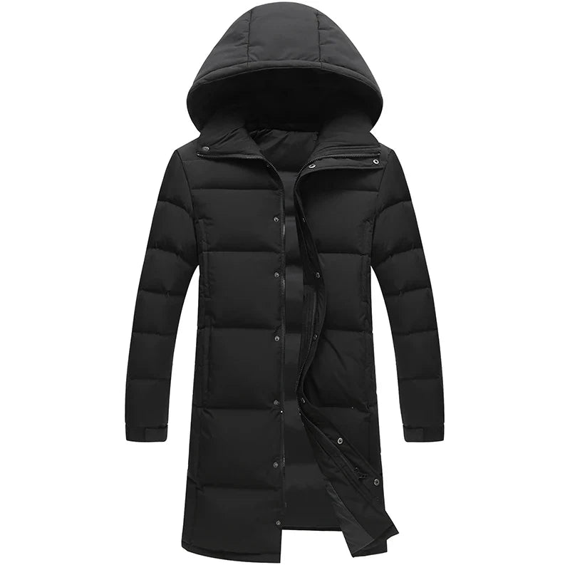 Langer Schwarzer Herren Winter Daunenjacke mit Kapuze Steppmantel