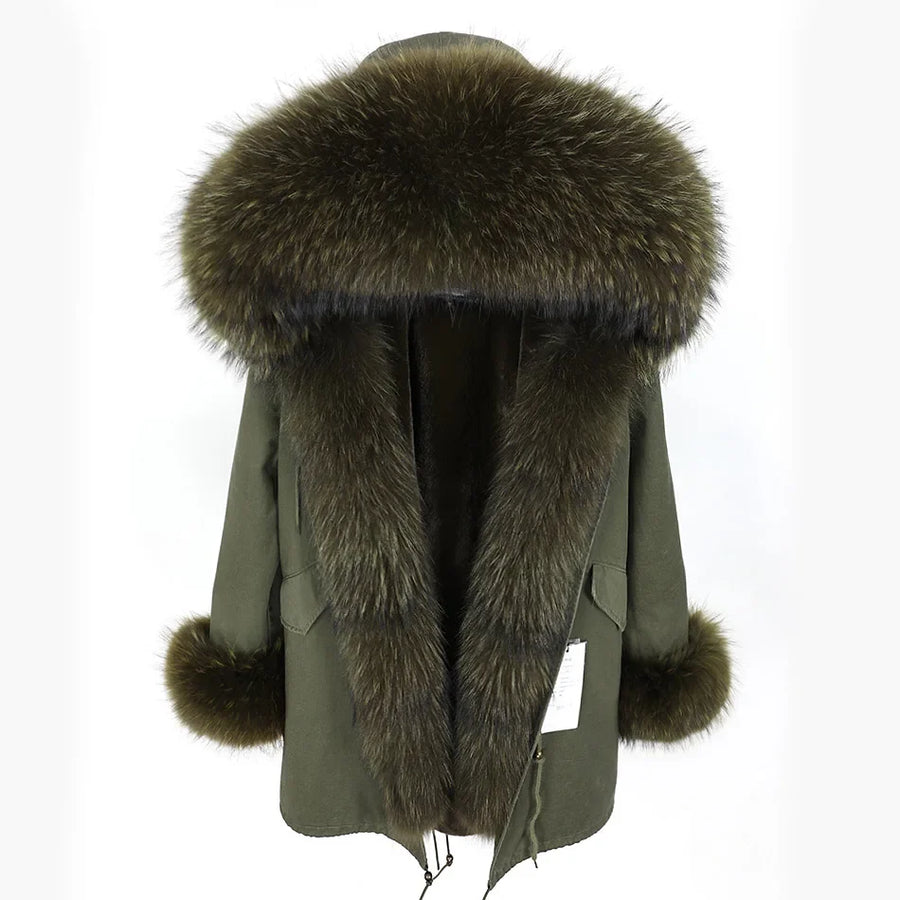 Damen Parka Jacke mit Kapuze und Fellimitatbesatz olivgrün