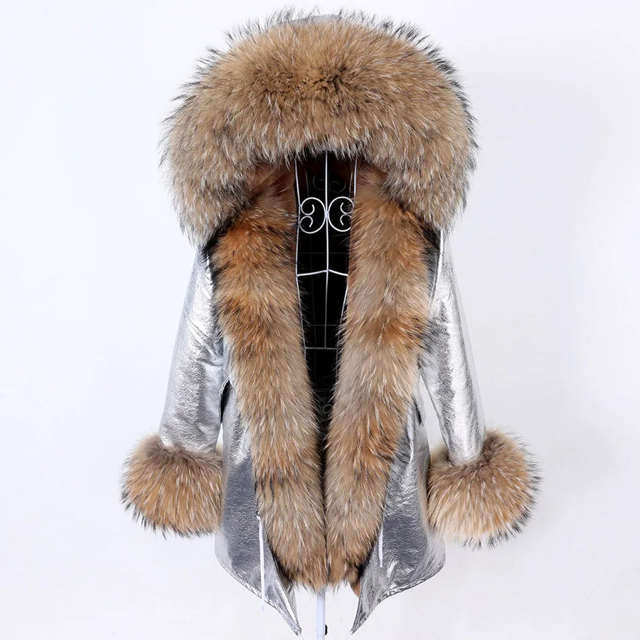 Damen Parka Jacke mit Kapuze und Fellimitatbesatz olivgrün
