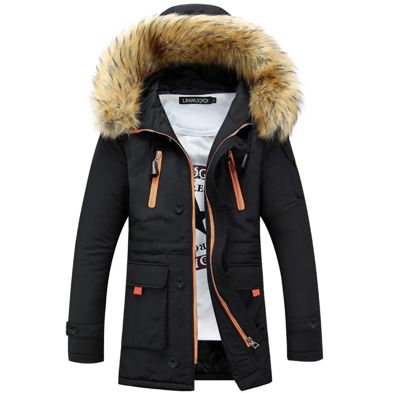 Herren Winterparka mit Kapuze und Kunstfellbesatz, Reißverschluss & Knöpfen, Langarm Jacke