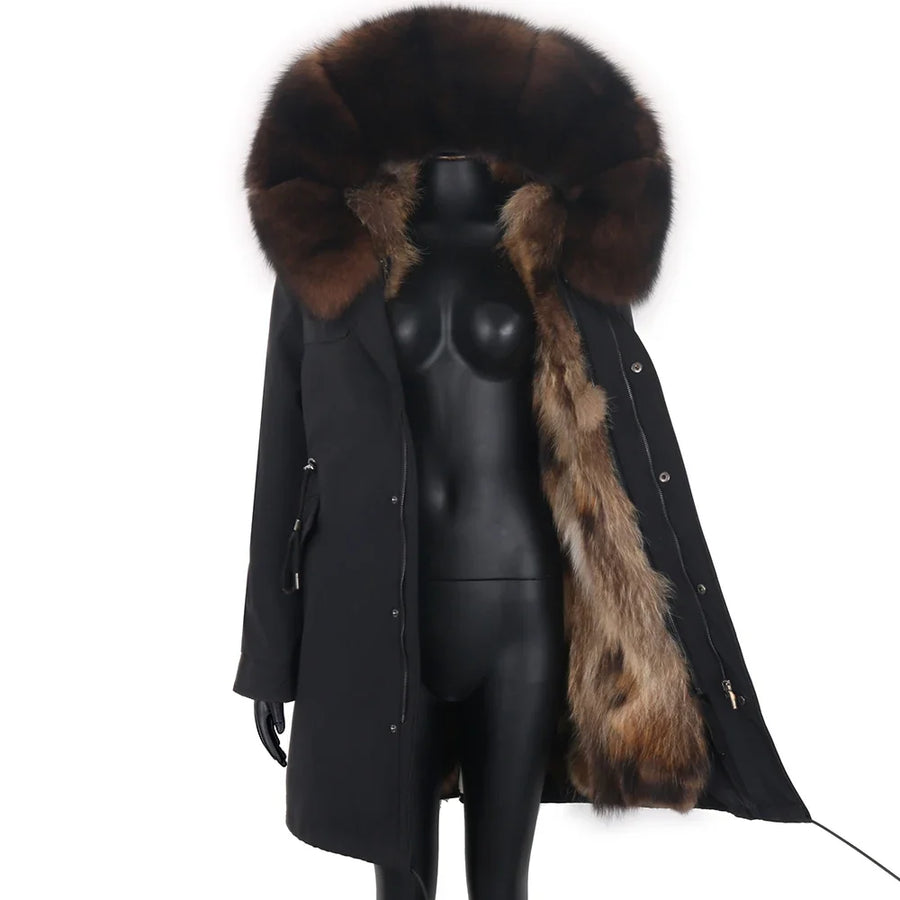 Parka mit Fellkapuze & Fellfutter langer Wintermantel Damen