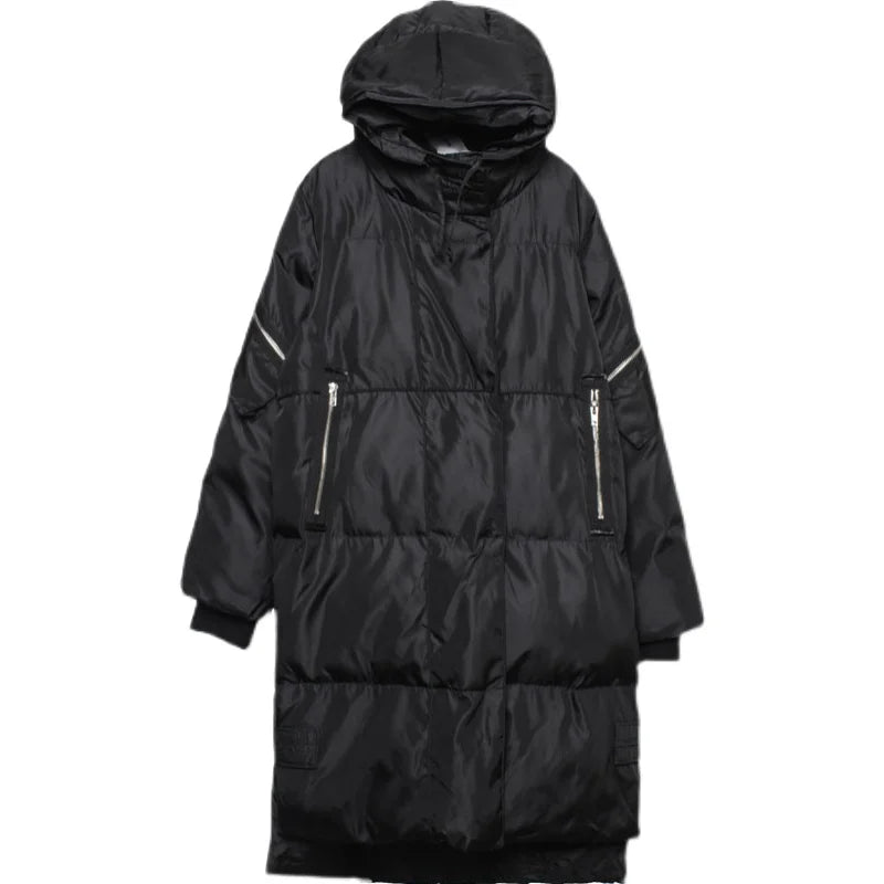 Langer Schwarzer Daunenparka mit Kapuze und Reißverschlussdetails