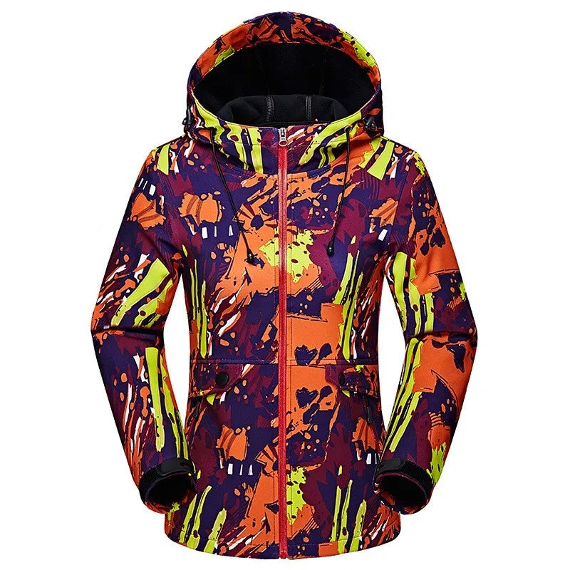 Damen Outdoor Jacke mit Kapuze & Reißverschluss – Wetterfest, Softshell-Optik, Bunt gemustert
