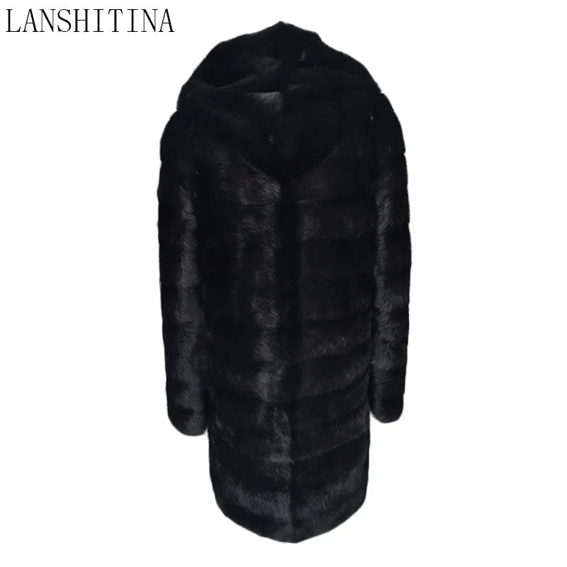 Damen Wintermantel Schwarz mit Kapuze Langer Mantel Faux-Pelz-Optik