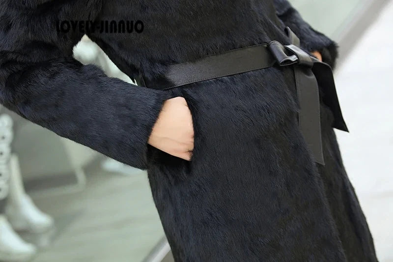 Damen Langer Mantel Schwarz mit Kapuze und Taillenband