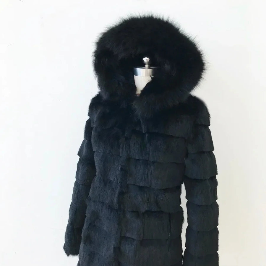 Damen Wintermantel Schwarz mit Kapuze und Pelzbesatz, Plüsch-Look