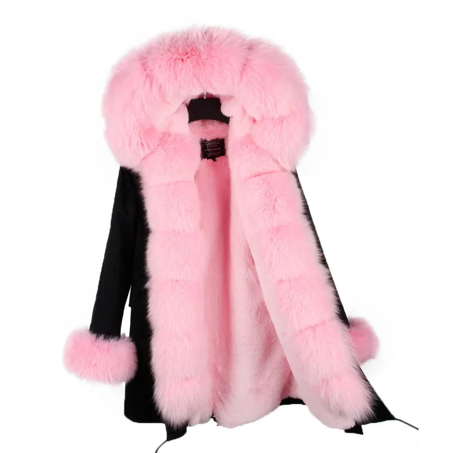 Damen Winterparka mit Kapuze und Plüschfutter, Lange Winterjacke
