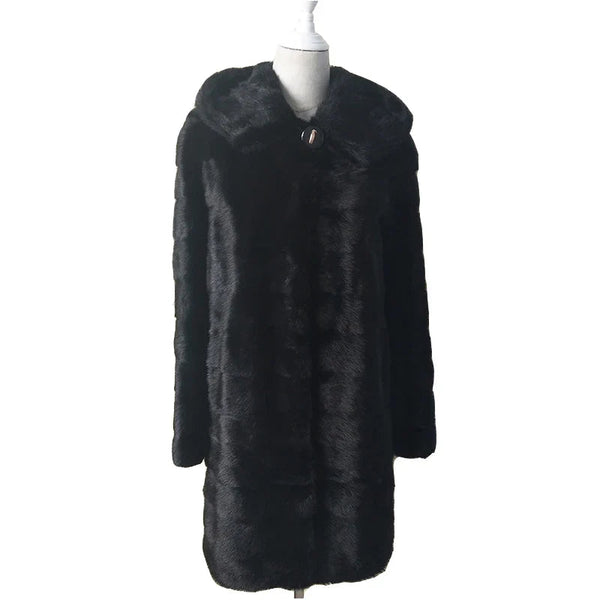 Zwarte dameswintermantel met capuchon, lange mantel in imitatiebontlook