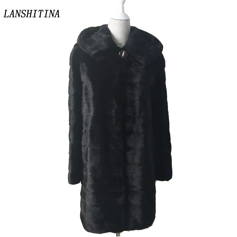 Damen Wintermantel Schwarz mit Kapuze Langer Mantel Faux-Pelz-Optik