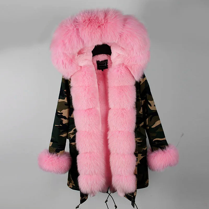 Damen Winterparka mit Kapuze und Plüschfutter, Lange Winterjacke