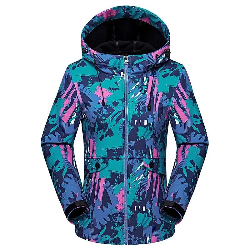 Damen Outdoor Jacke mit Kapuze & Reißverschluss – Wetterfest, Softshell-Optik, Bunt gemustert