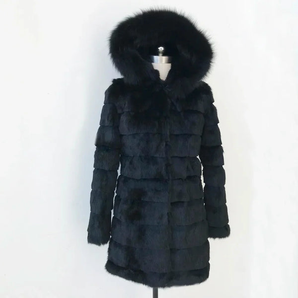 Zwarte dameswinterjas met capuchon en bontafwerking, pluche uitstraling