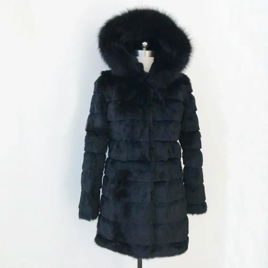 Damen Wintermantel Schwarz mit Kapuze und Pelzbesatz, Plüsch-Look