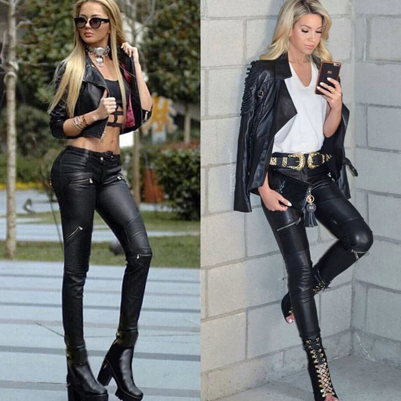 Damen Biker-Hose Schwarz Skinny-Fit mit Reißverschlussdetails
