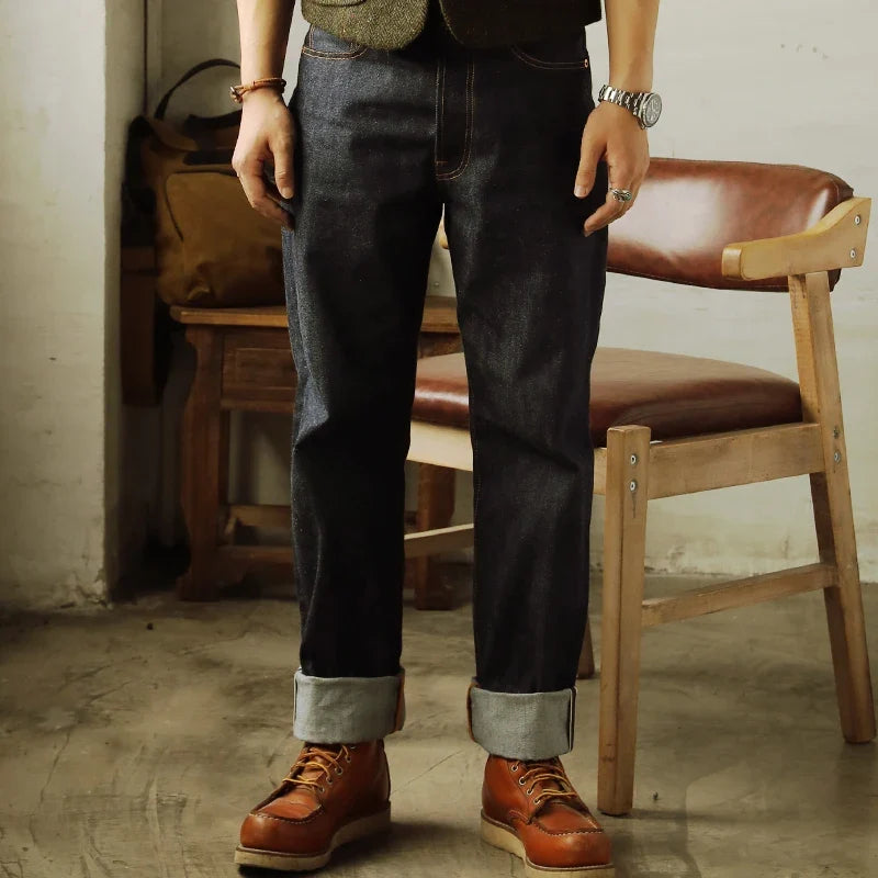 Herenjeans donkerblauw straight fit met contrasterende stiksels