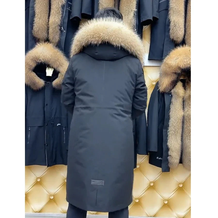 Herren Winterparka mit abnehmbarem Kunstfellfutter & Kapuzenbesatz Schwarz