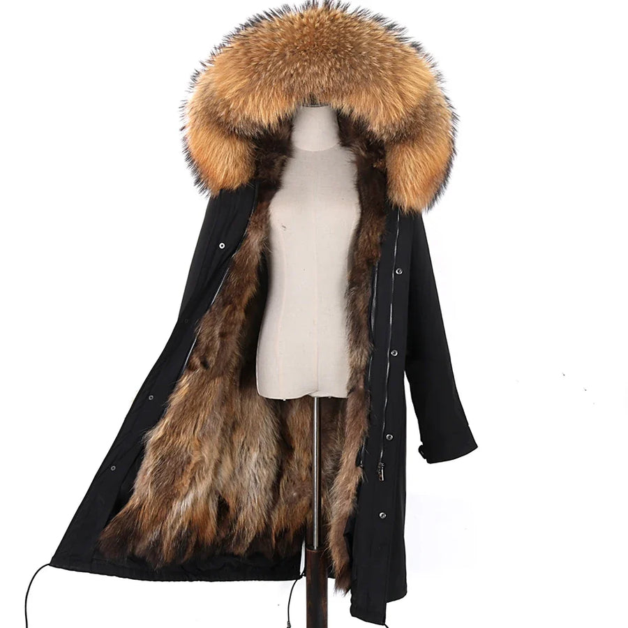 Parka mit Fellkapuze & Fellfutter langer Wintermantel Damen