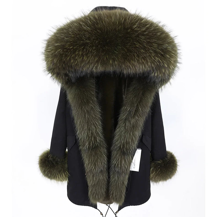 Damen Parka Jacke mit Kapuze und Fellimitatbesatz olivgrün