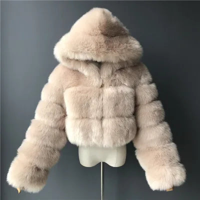 Kurze Damen Kunstfelljacke mit Kapuze, gestreiftes Design