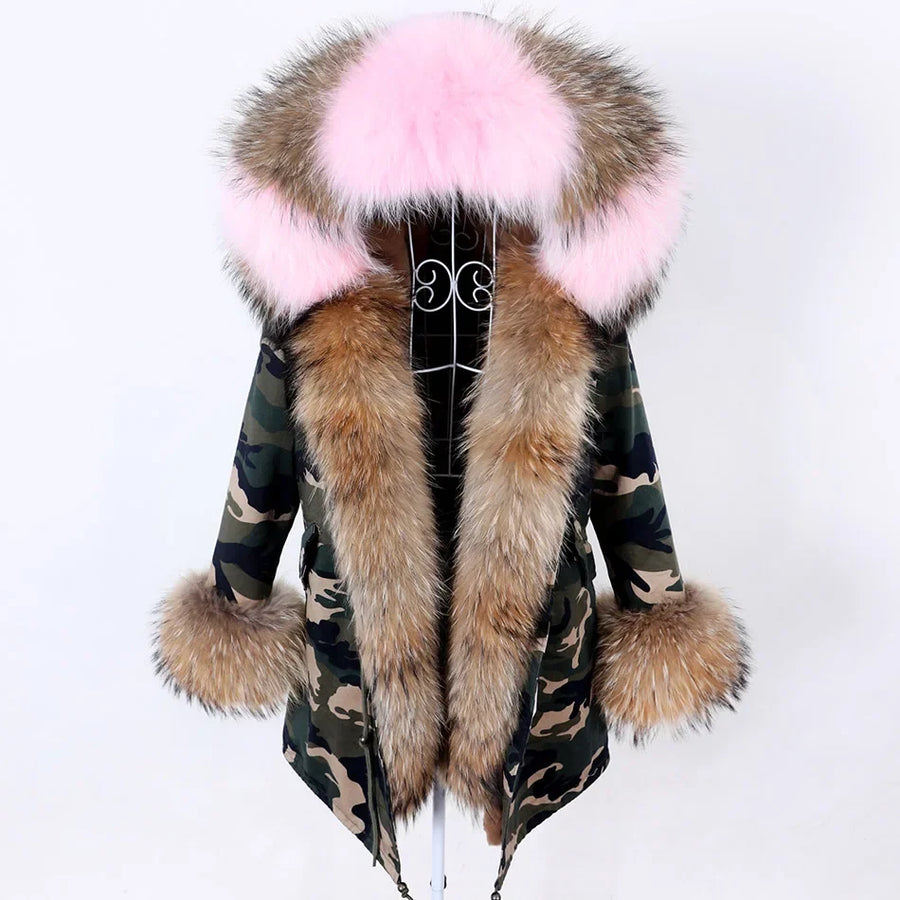 Damen Parka Jacke mit Kapuze und Fellimitatbesatz olivgrün