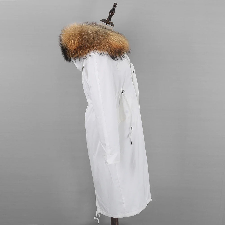 Damen Winterparka lang mit Kapuze und Fellimitat-Futter Weiß