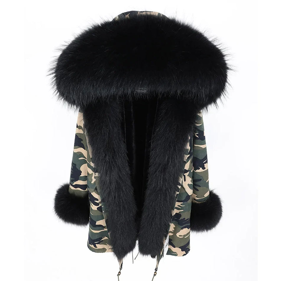 Damen Parka Jacke mit Kapuze und Fellimitatbesatz olivgrün