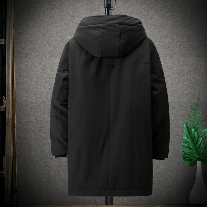 Herren Winterparka Lang Kapuze Gestreifte Ärmel Reißverschlusstaschen