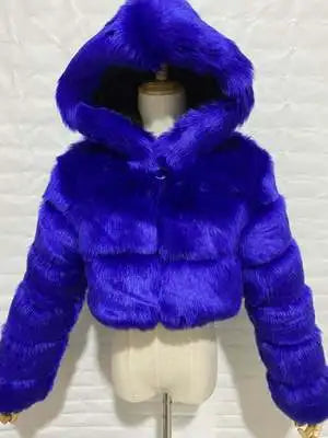 Kurze Damen Kunstfelljacke mit Kapuze, gestreiftes Design