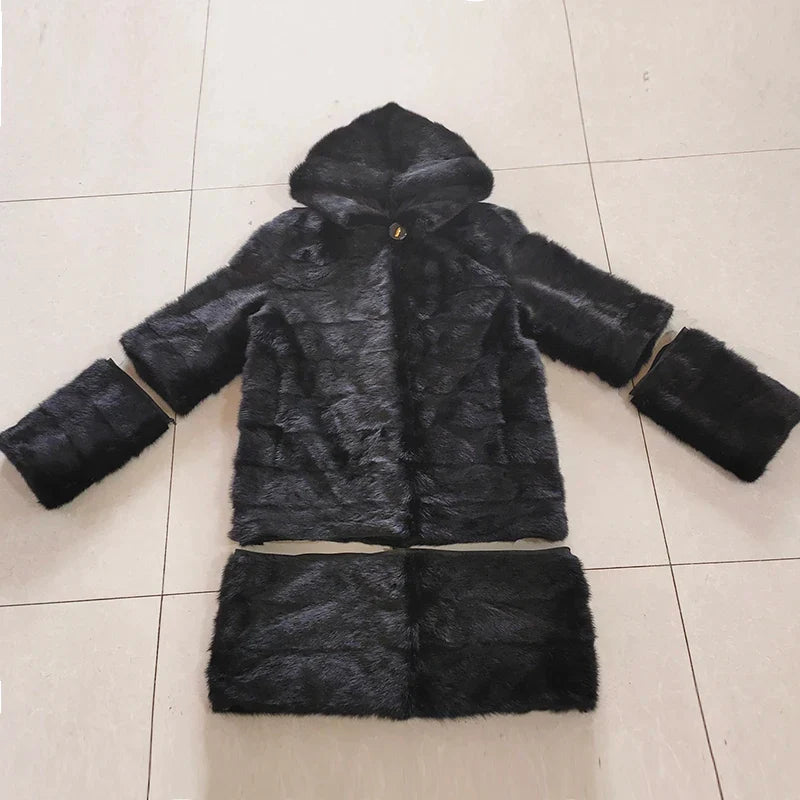Damen Wintermantel Schwarz mit Kapuze Langer Mantel Faux-Pelz-Optik