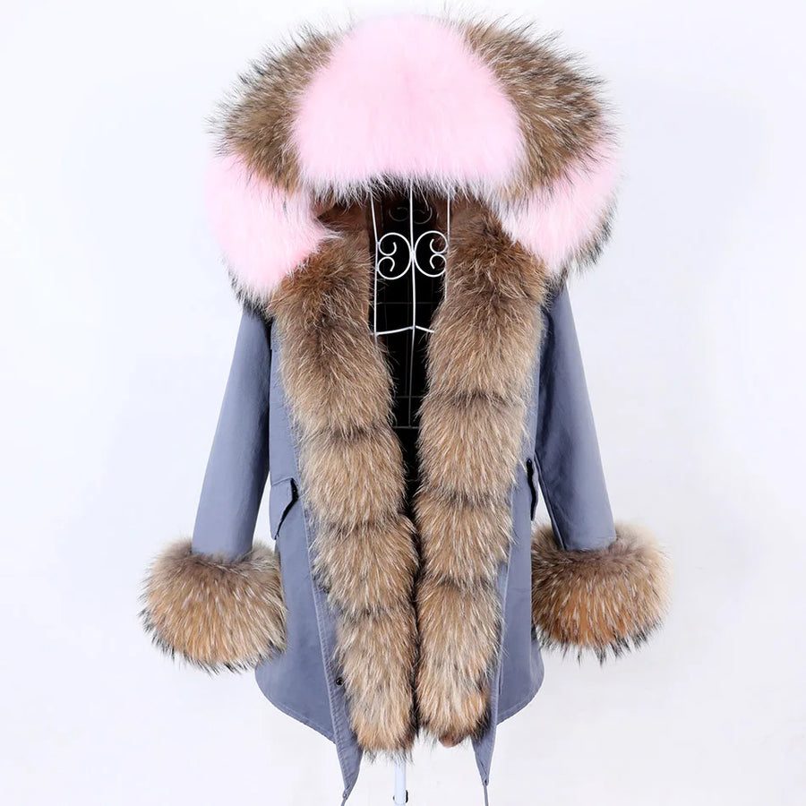 Damen Parka Jacke mit Kapuze und Fellimitatbesatz olivgrün