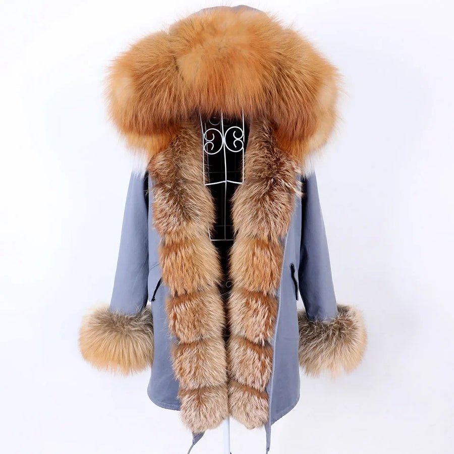 Damen Parka Jacke mit Kapuze und Fellimitatbesatz olivgrün