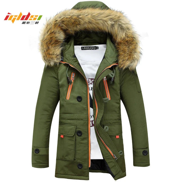Herren Winterparka mit Kapuze und Kunstfellbesatz, Reißverschluss & Knöpfen, Langarm Jacke