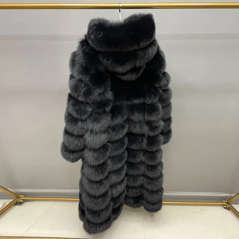Damen Langer Mantel mit Kapuze aus weichem Material Schwarz