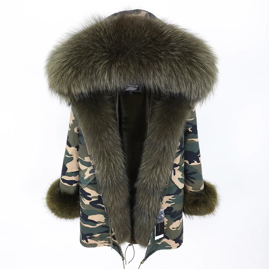 Damen Parka Jacke mit Kapuze und Fellimitatbesatz olivgrün