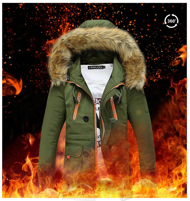 Herren Winterparka mit Kapuze und Kunstfellbesatz, Reißverschluss & Knöpfen, Langarm Jacke